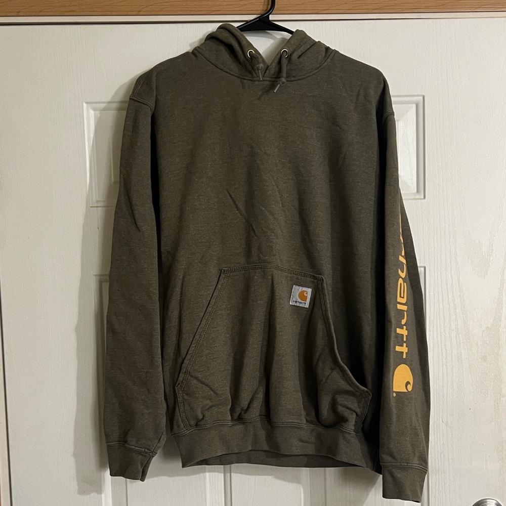 Carhartt Men's Dark Green Hoodie with Yellow Logo